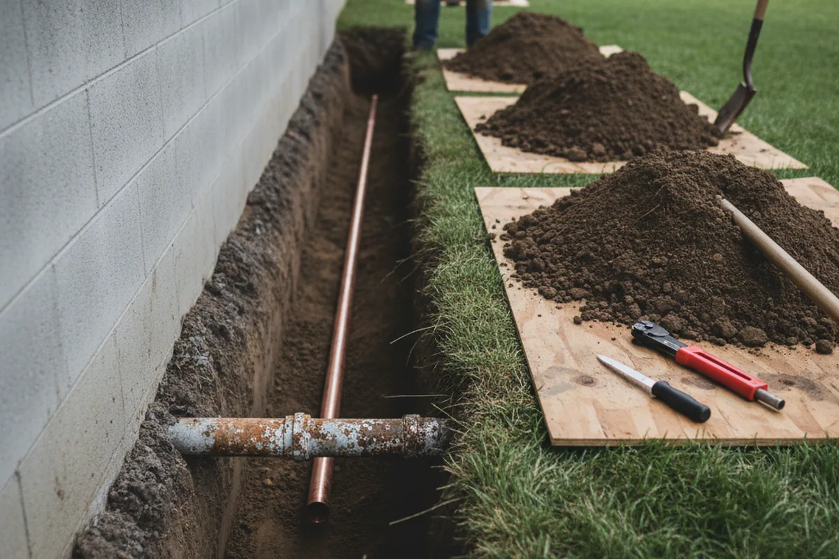 Excavated water line trench during Sewer Line Repair in Okay